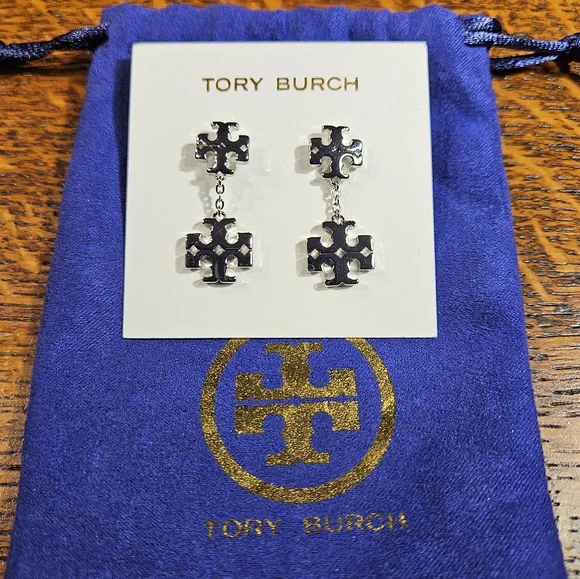 Tory Burch Kira Double Logo Linear Drop Earrings in Silver and Dustbag NWT - Picture 2 of 5